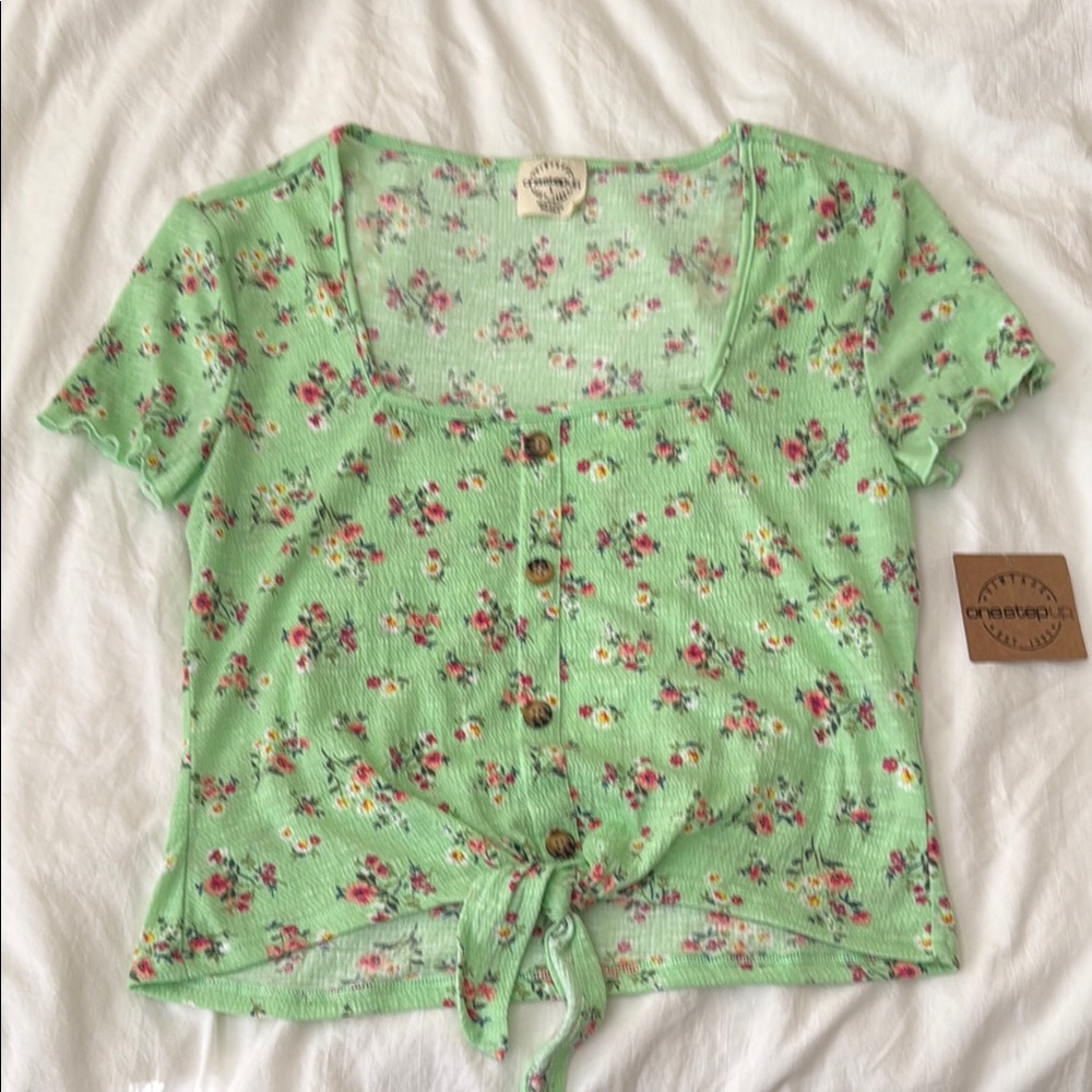 One Step Ahead Pink Green Short Sleeve Button Down Blouse